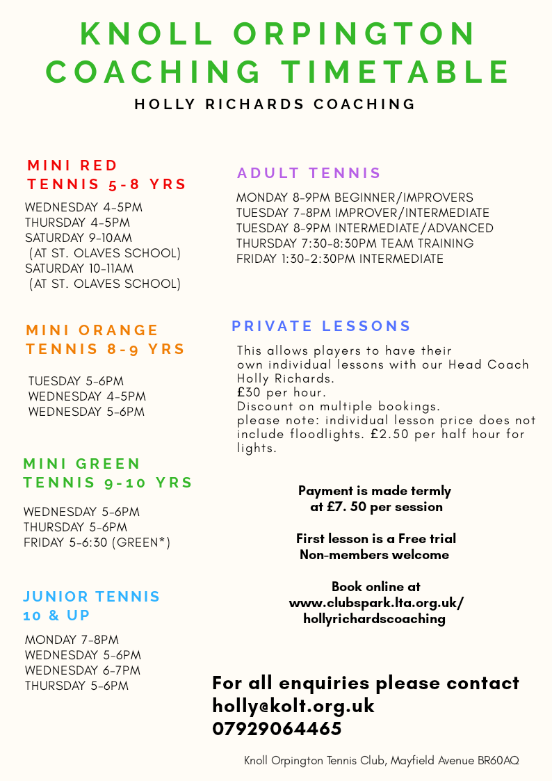 Holly Richard's coaching timetable at Knoll Orpington Lawn Tennis Club