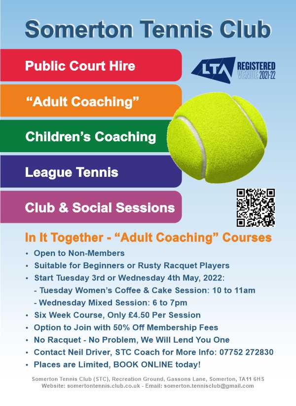Begineers Adult Tennis Coaching Course at Somerton Tennis Club